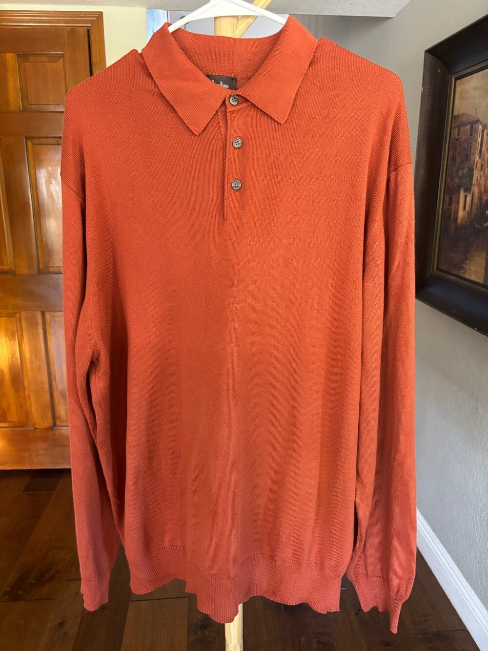 Neiman Marcus Long Sleeve Polo Sweater Mens Large Rust Cotton Rayon Italy Knit